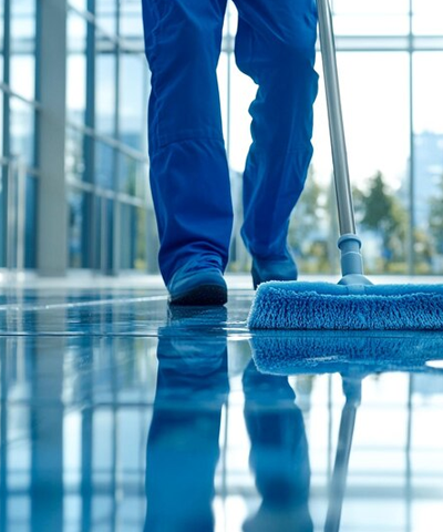 Man Cleaning commercial fllor with sweep