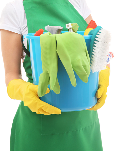 Girl is holding Plastic bucket with cleaning products
